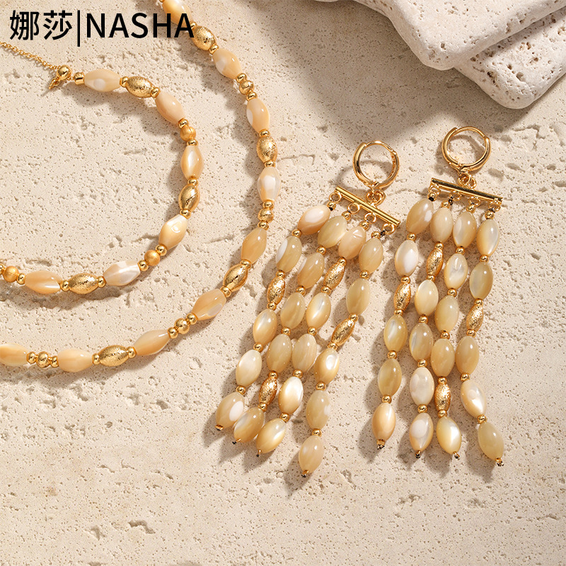 Nasha European and American Cross-border Natural Shell Necklace and Earring set, High-end jewelry set, ins Style Accessory set