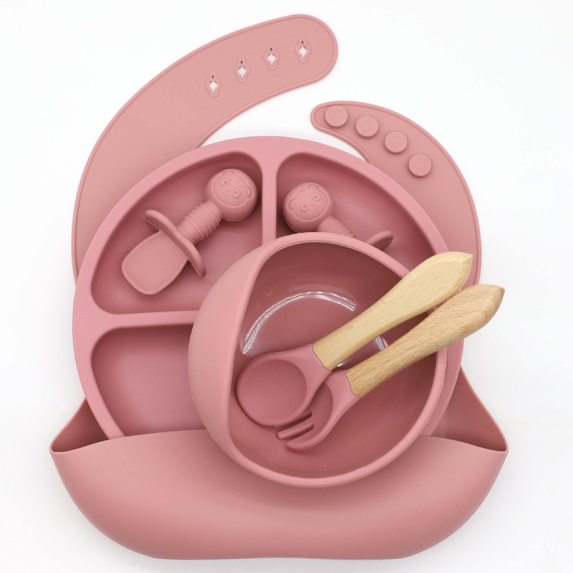 食品级硅胶餐具宝宝吃饭围兜吸力餐盘碗软勺叉婴幼儿自主吃饭七件