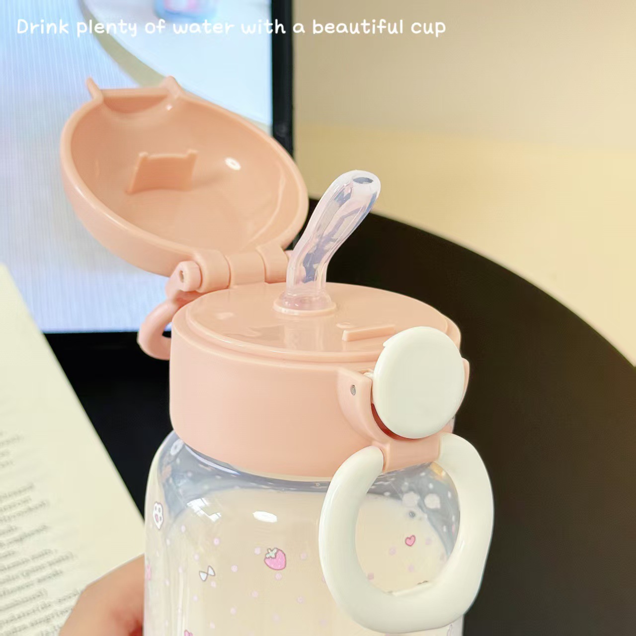 High appearance level Cherry kitten plastic cup for girls, ins style portable anti-drop, anti-drop straw cup for students to go to school Specification image