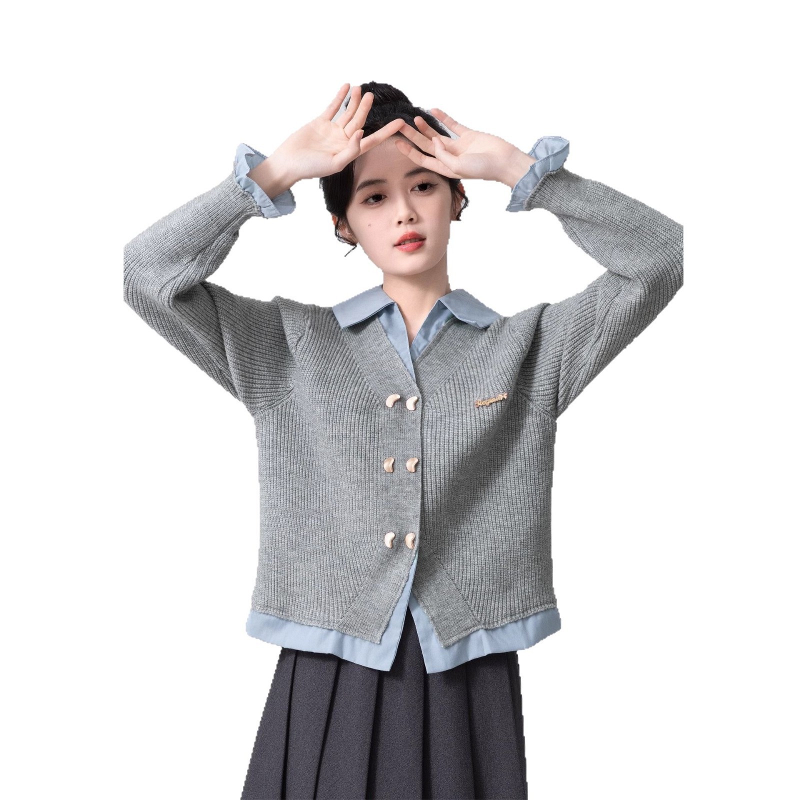 Two POLO neck sweaters for women's Spring and Autumn 2025 new style college style patchwork knitted cardigan jacket short top Item Picture