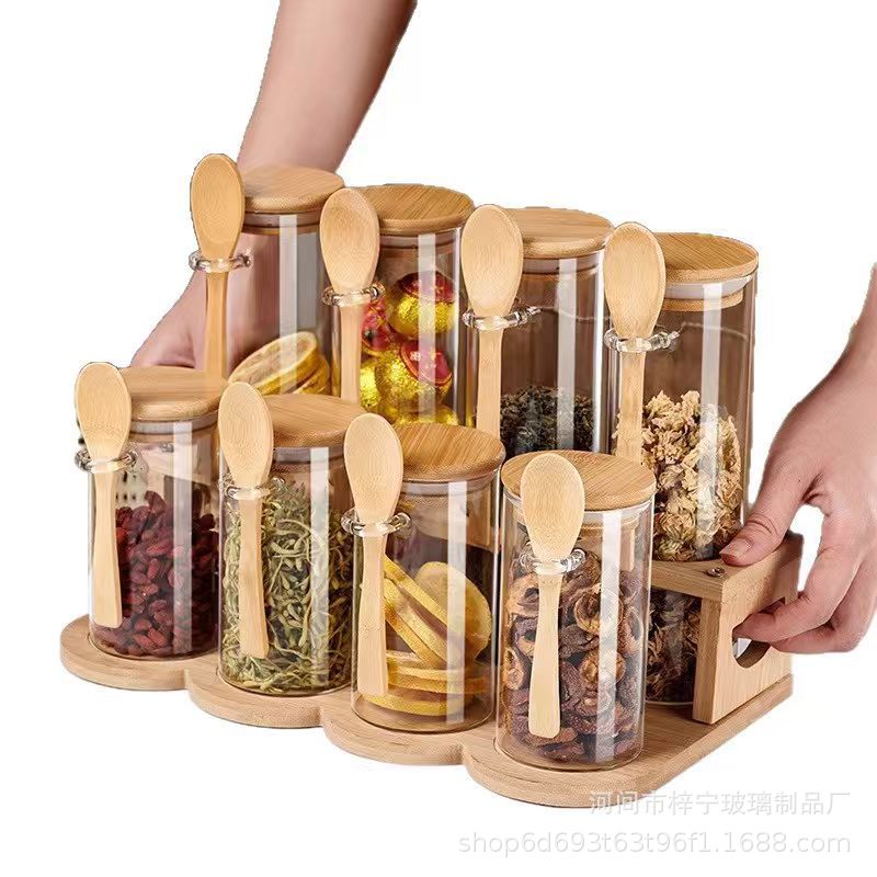 Cross-border seasoning bottle set combination set, high borosilicate glass bamboo lid with spoon seasoning jar set, storage jar, tea jar Item Picture