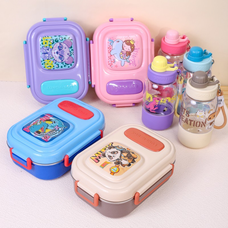 Cross-border children's cute hand-held water cup stainless steel lunch box set manufacturer student cartoon compartments lunch box details Picture