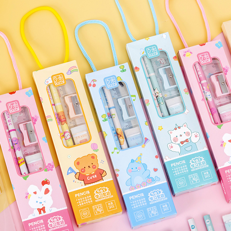 Back-to-school stationery cartoon set, Children's Day gift, kindergarten, primary, junior high and senior high school pencils, rulers, erasers, pencil sharpeners, prizes full figure