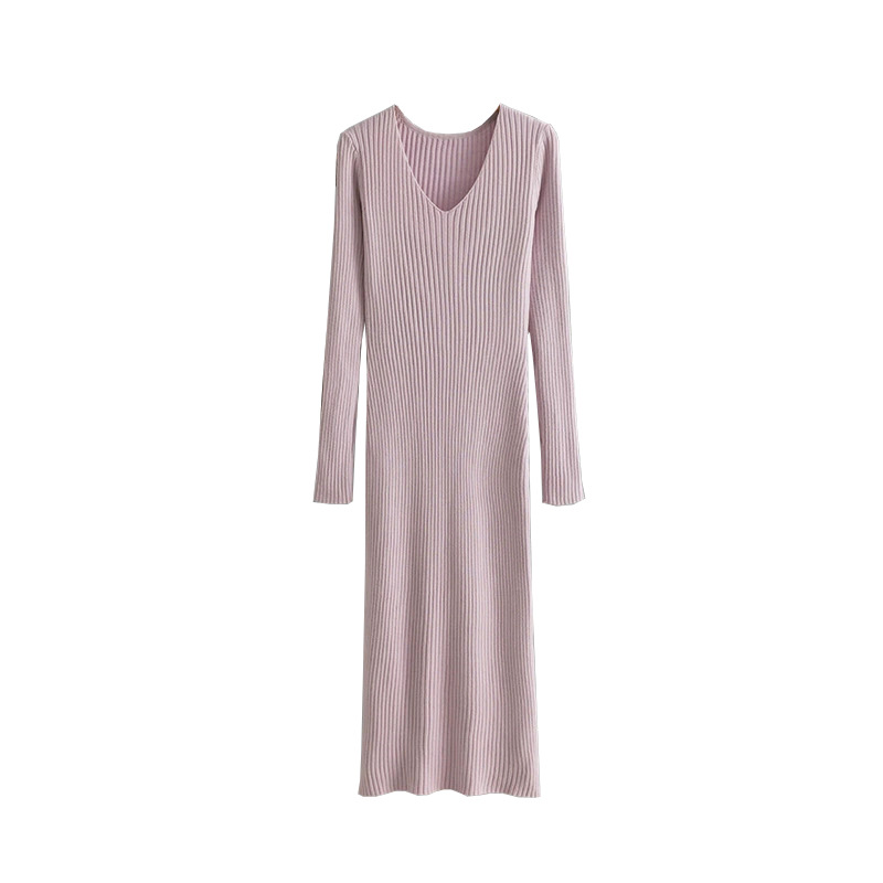 V-neck knitted dress for women in autumn and winter: straight-cut, slimming, long-sleeved, ripped, slit, knee-length sweater dress Item Picture