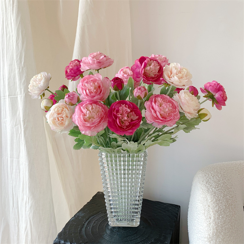 高档3头植绒露莲花仿真花高级感逼真洋牡丹假花家居客厅装饰花