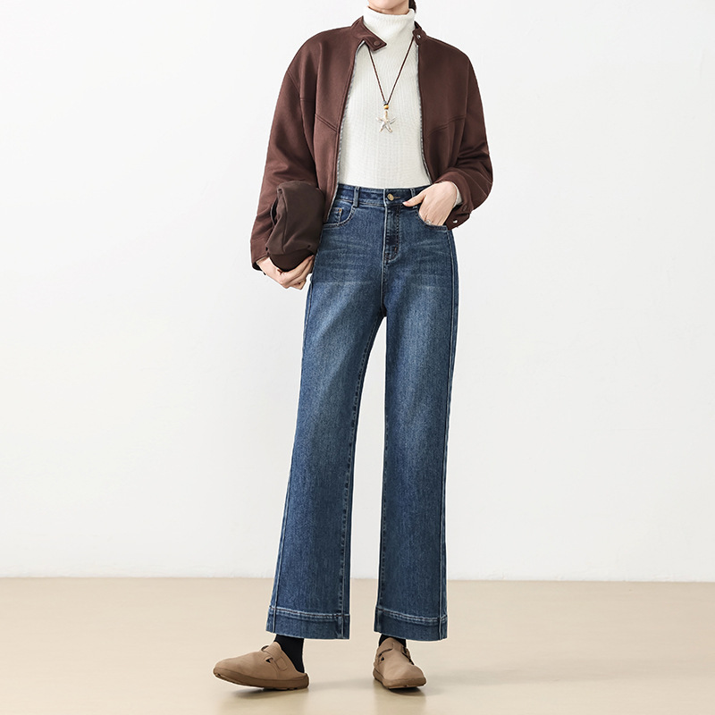 Fleece warm and slimming 9-inch straight-leg jeans for petite women, new high-waisted cigarette tube pants for winter 2025 Application Scenario