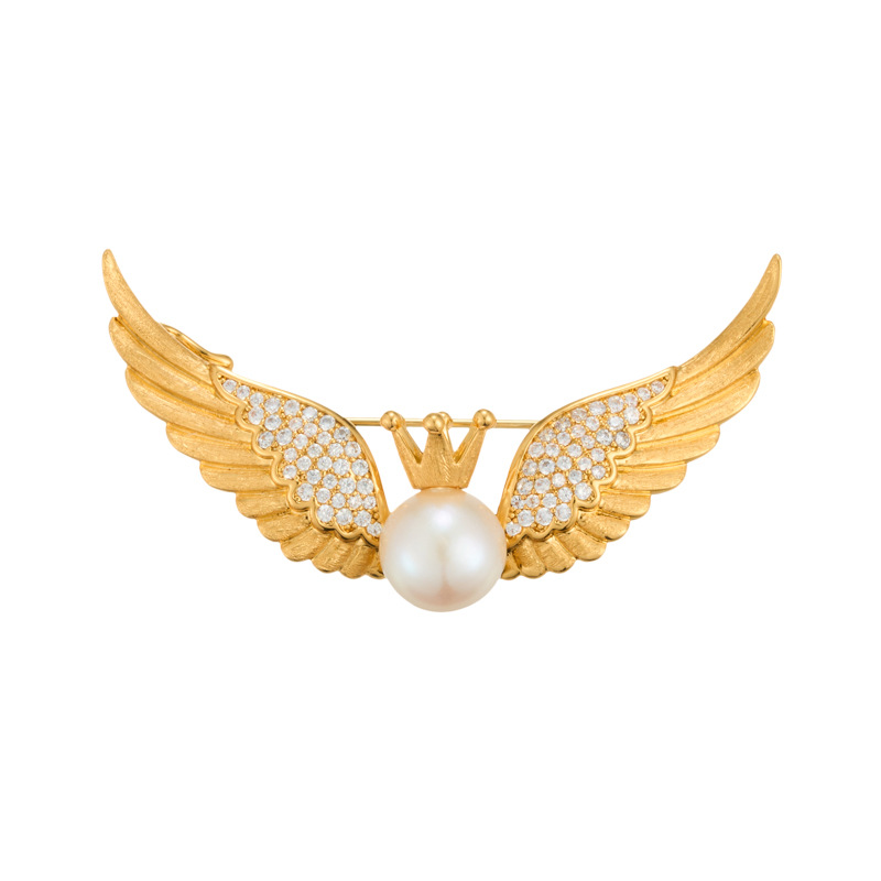 Original design two-color crown wing brooch, copper alloy, real gold electroplated and set with zircon freshwater pearls, exquisite brooch Item Picture