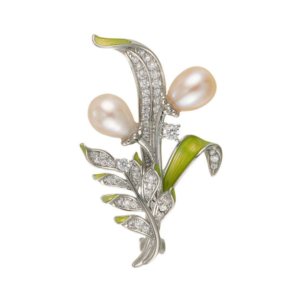 Broche freshness muguet francés aleación de cobre micro incrustado zirconio esmalte gotas de aceite perla de agua dulce premium sense mujer pin Item Picture