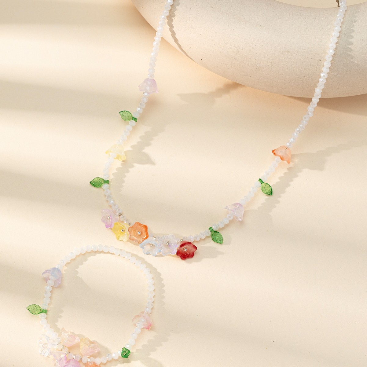 Factory direct sales of colorful beaded crystal chains, popular girlish style crystal bracelets, colorful necklace sets wholesale Specification image
