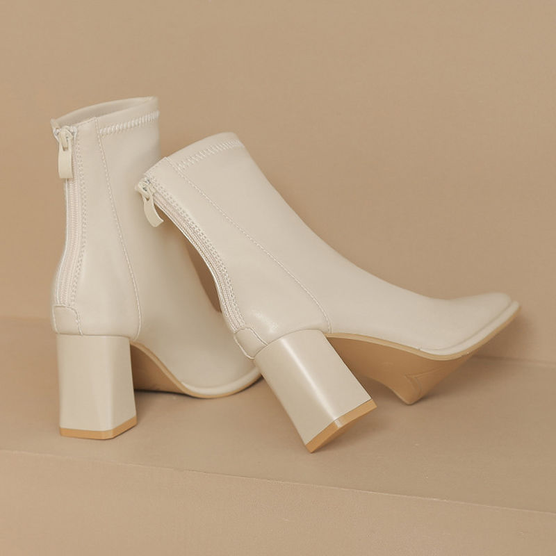 小短靴2025年秋冬新款女瘦瘦靴粗跟方头高跟鞋时尚百搭法式马丁靴