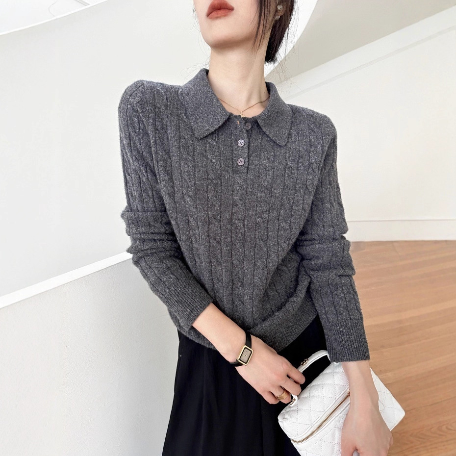 The new autumn and winter style lapel 100% wool cardigan with pit stripes and shell buckles is a versatile sweater for women Specification image