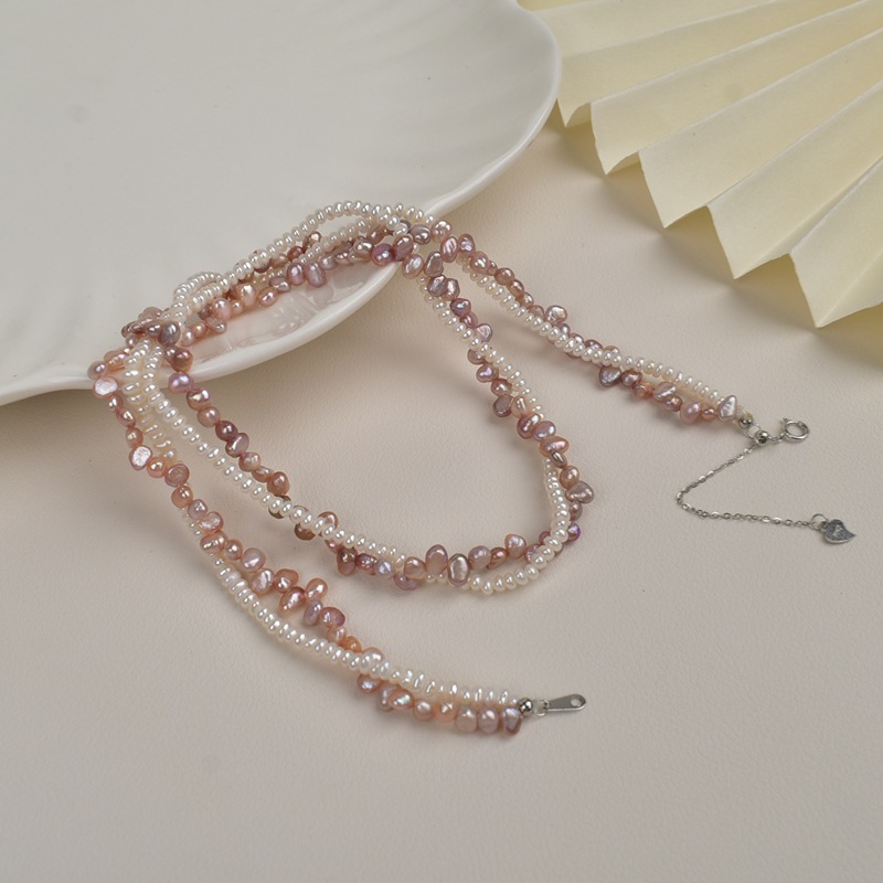 Double-layer stacked natural freshwater pearl necklace for women, simple collarbone chain, light luxury and high-end choker necklace accessory Specification image