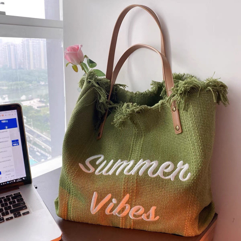 Cross-border straw woven bags, summer fresh large-capacity bags, canvas bags, embroidered letter tote bags, handbags, women's bags, woven beach bags, single-shoulder bags, straw woven bags details Picture
