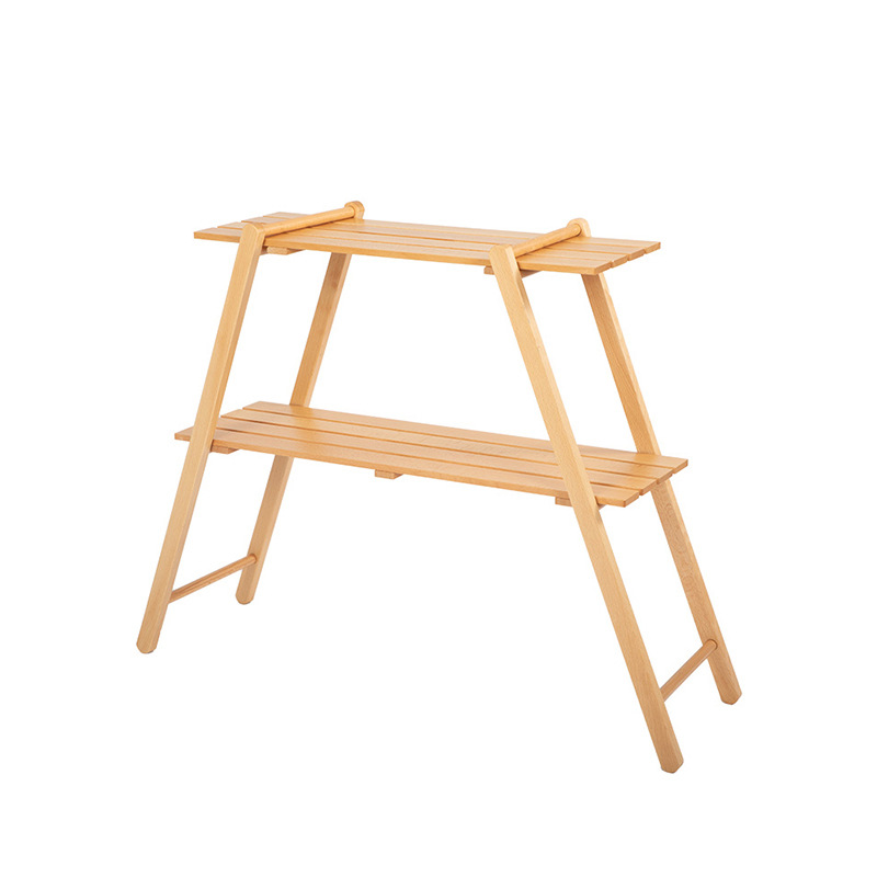 户外置物架露营双层收纳架子实木三角挂架烧烤野餐储物架多功能桌白底实物图