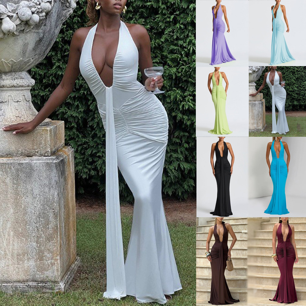 A new solid color elegant halter-neck deep V cinched-waist long dress for cross-border foreign trade, a sexy backless ribbon fishtail dress full figure