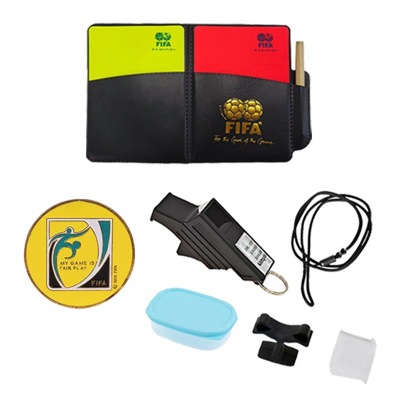 Football match referee supplies and equipment, football training equipment, whistles, red and yellow cards, side picks, side patrol flags, barometers details Picture