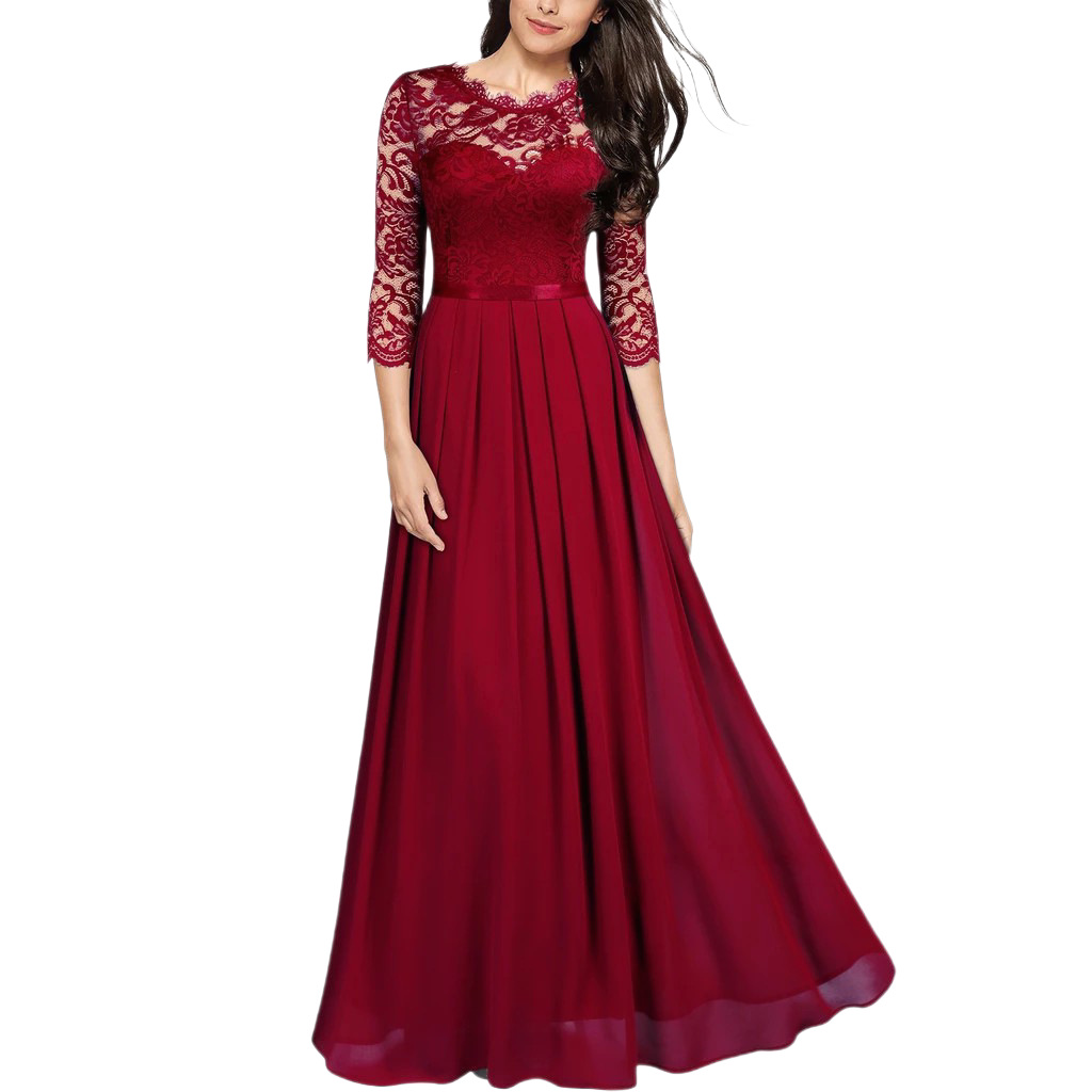 European station patchwork chiffon dress, round-neck lace long dress, evening dress for women Item Picture