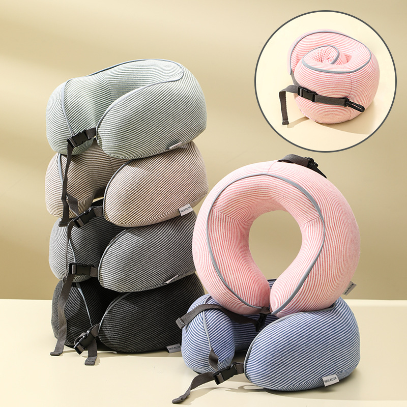 便携U型枕记忆棉收纳枕飞机旅行多功能可拆洗护颈枕拉菲条收纳枕