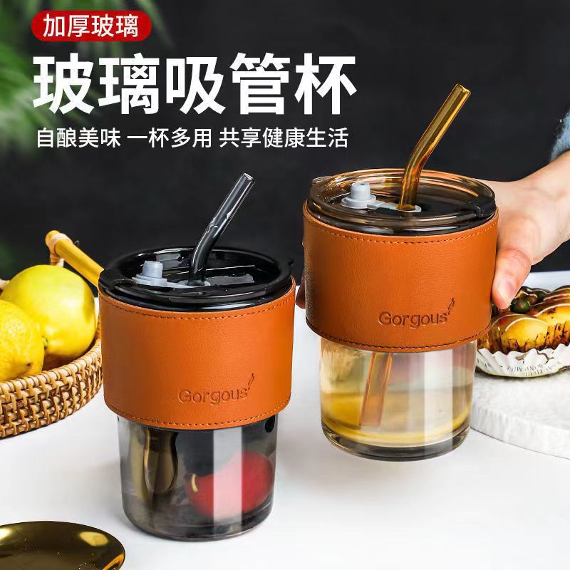 Customized popular bamboo joint glass cups, household water cups, high appearance level glass straw cups, Ins-style milk coffee cups details Picture