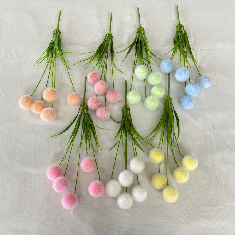 Simulated 5-fork pom-pom flocked leaves, wedding hall, cute style, home decoration, dining table, flower arrangement, accessories and ornaments Application Scenario