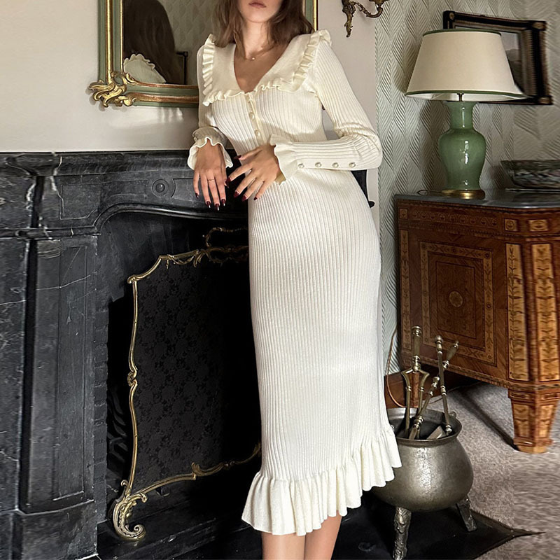 Ruffled dress, knitted dress, new autumn and winter sweater dress, 2023 retro lady, European and American cross-border French dress for women details Picture
