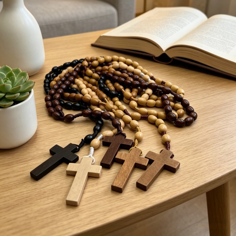 A set of 5 pieces of 8*10mm rice-shaped wooden prayer bead necklaces, hand-woven vintage rope accessories, cross-border supply details Picture