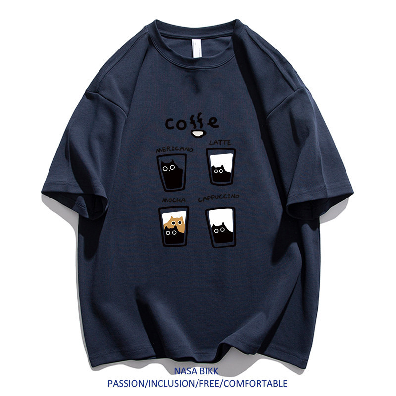 2026夏季新款咖啡猫印花男式短袖T恤宽松圆领潮流休闲纯棉男士