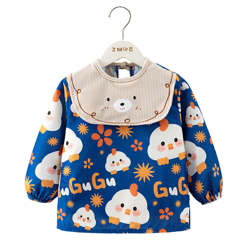 儿童罩衣秋冬季灯芯绒婴儿吃饭围兜罩衣宝宝防水防脏长袖反穿衣白底实物图