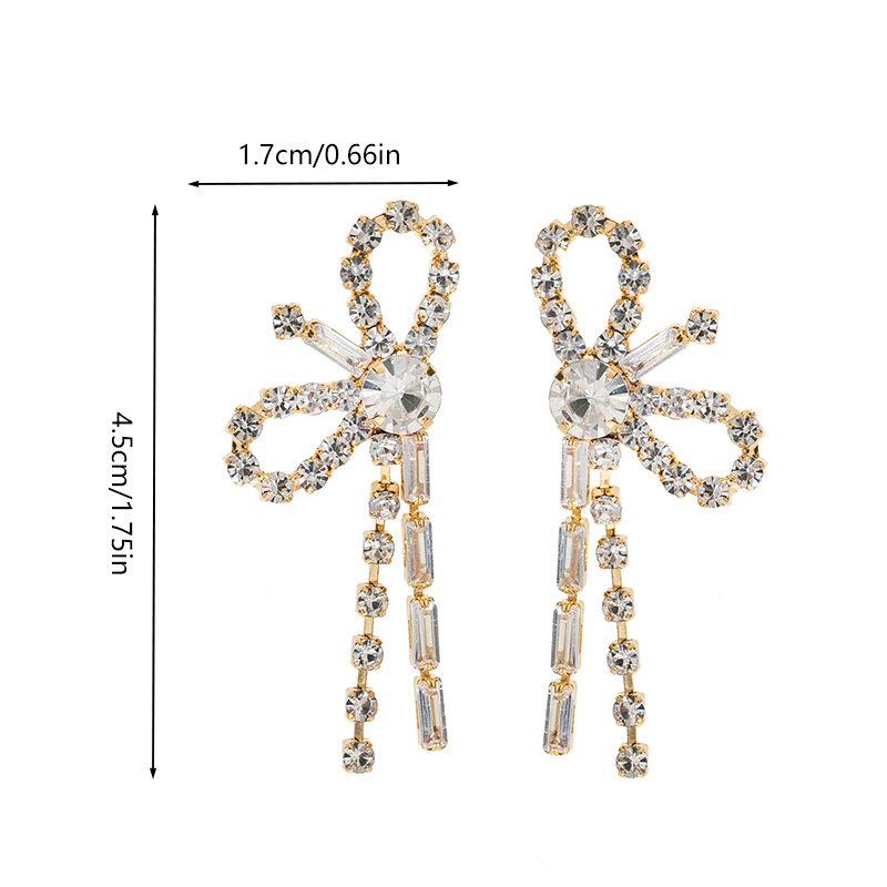 High-end and elegant bow zircon tassel earrings, European and American cross-border Korean style dress accessories, rhinestone earrings wholesale Specification drawing