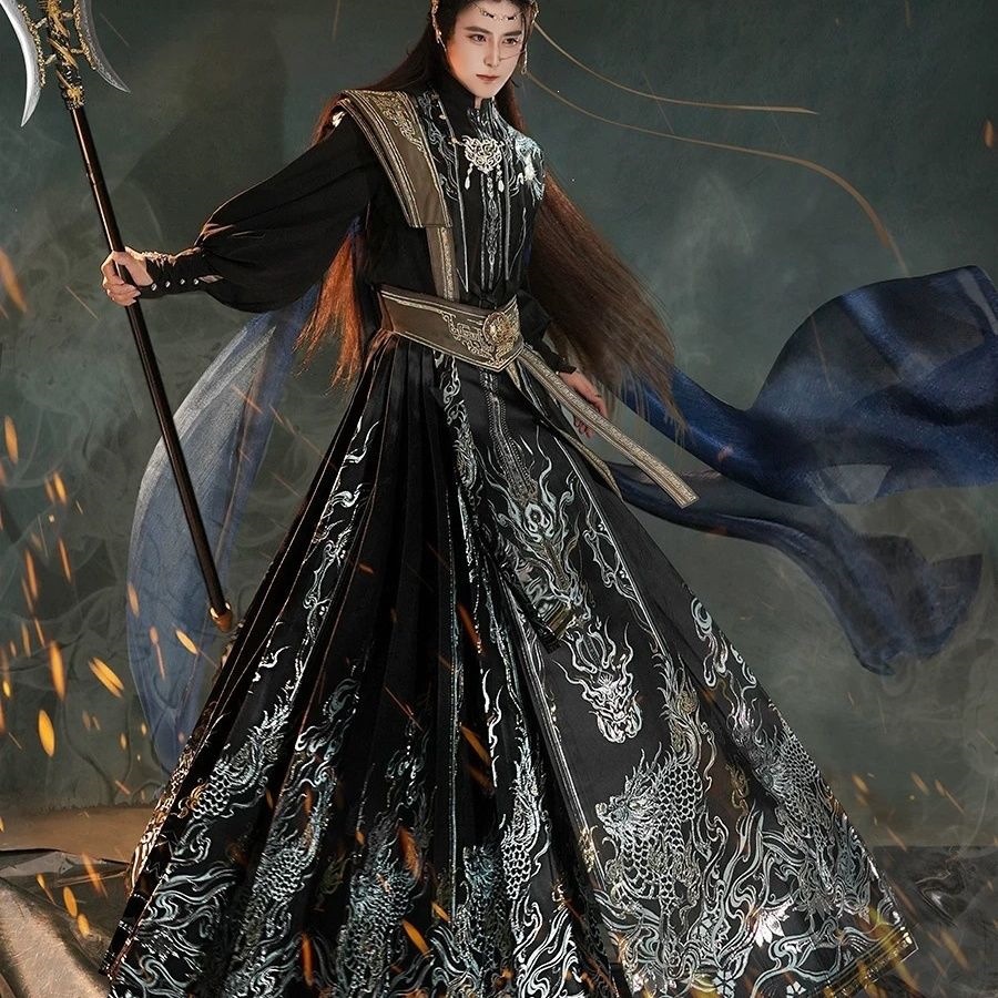 The new national trend Hanfu men's Lanling Wang blue, gold and black cool horse face dress and costume, the new national style grand ceremony Immortal martial arts set Item Picture
