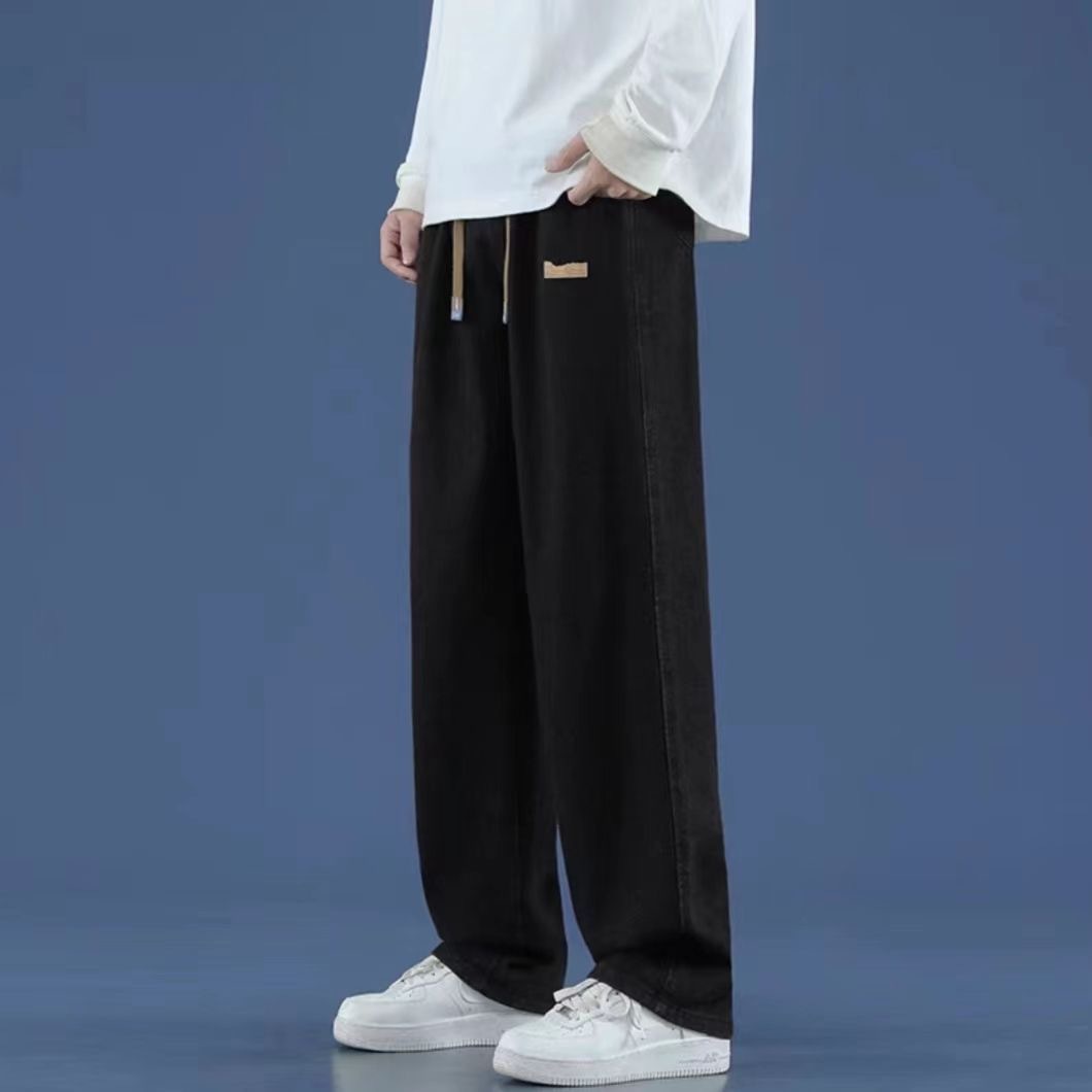 Black jeans for men spring and autumn, loose wide-leg drawstring straight-leg pants for men, 2024 new workwear pants for men details Picture