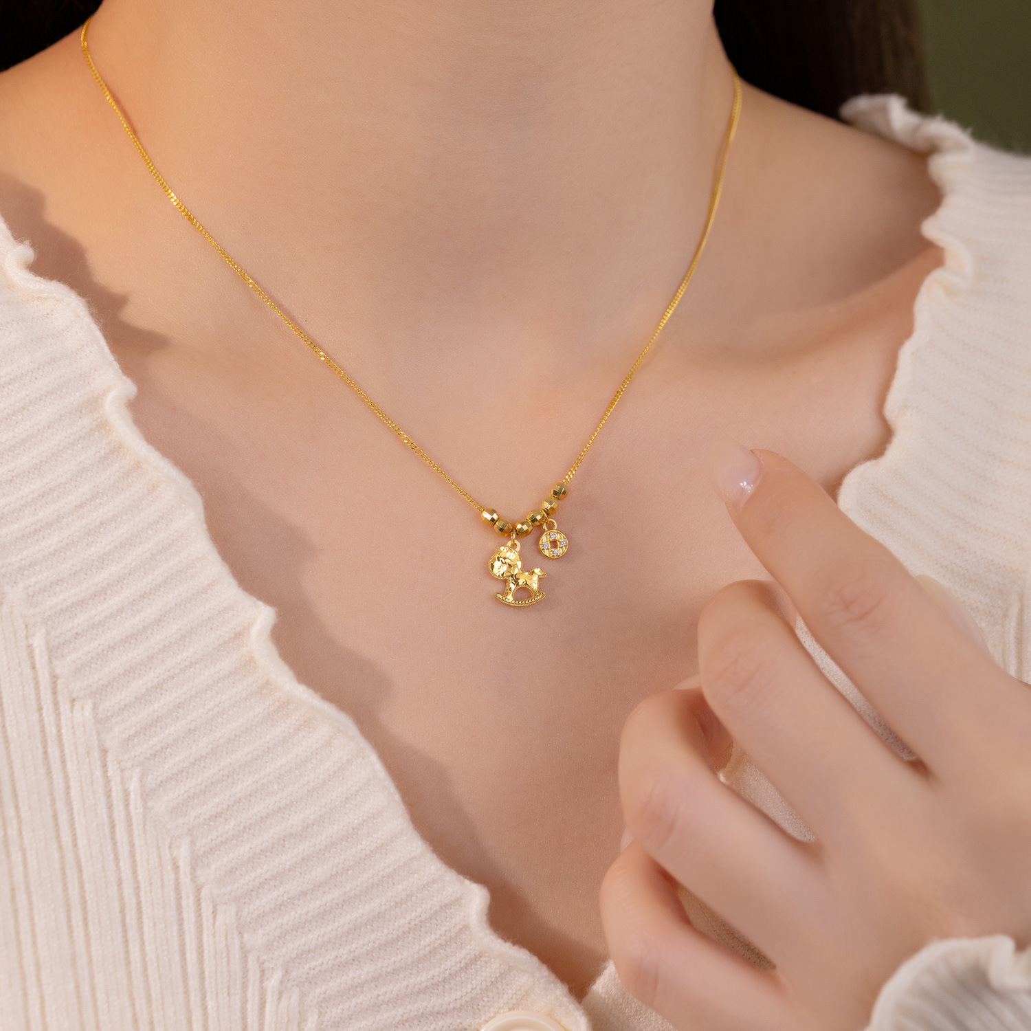 马上有钱~s925纯银碎冰冰木马项链女 招财小众高级时尚精致锁骨链产品图