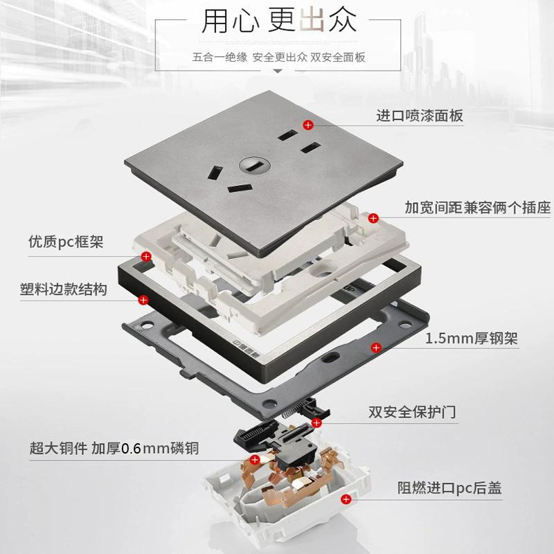 Fluorescent grey two-position two-way double-control switch 86 type double-way double-connection hotel wall socket panel wholesale self-locking type details Picture