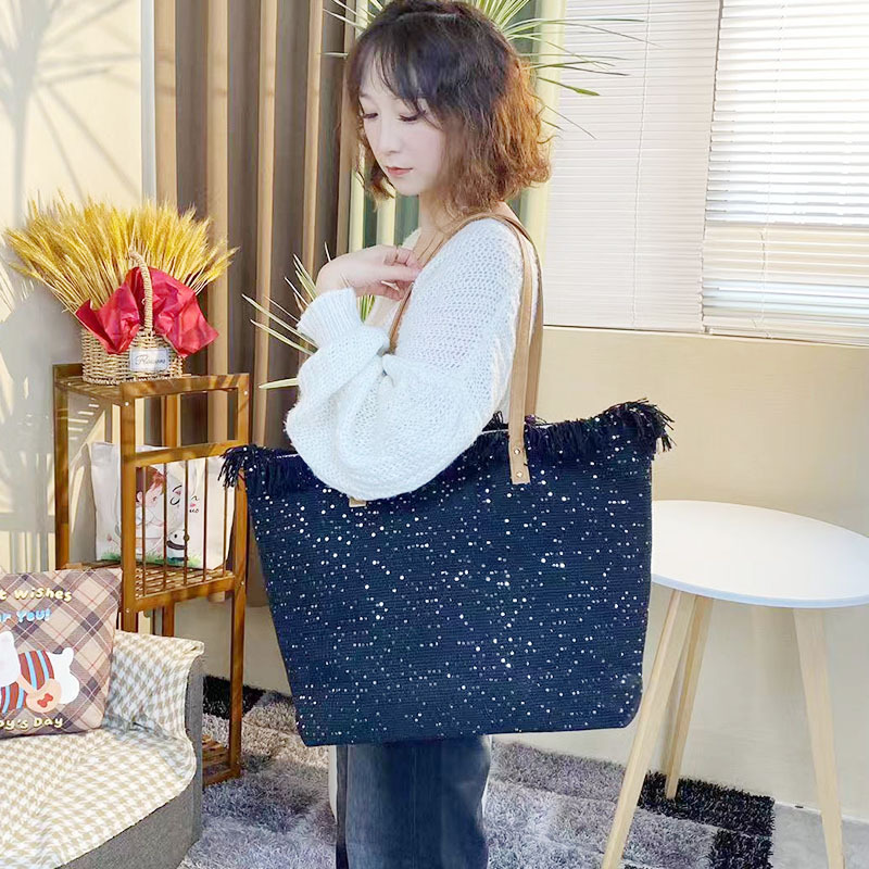 Cross-Border Canvas Bag, Fringed Handbag, Large-Capacity Portable Japanese Solid Color Fringed Tote Bag, Beach Bag, Fringed Woven Bag, Women's Single-Shoulder Handbag, Tote Bag, Women's Canvas Bag details Picture