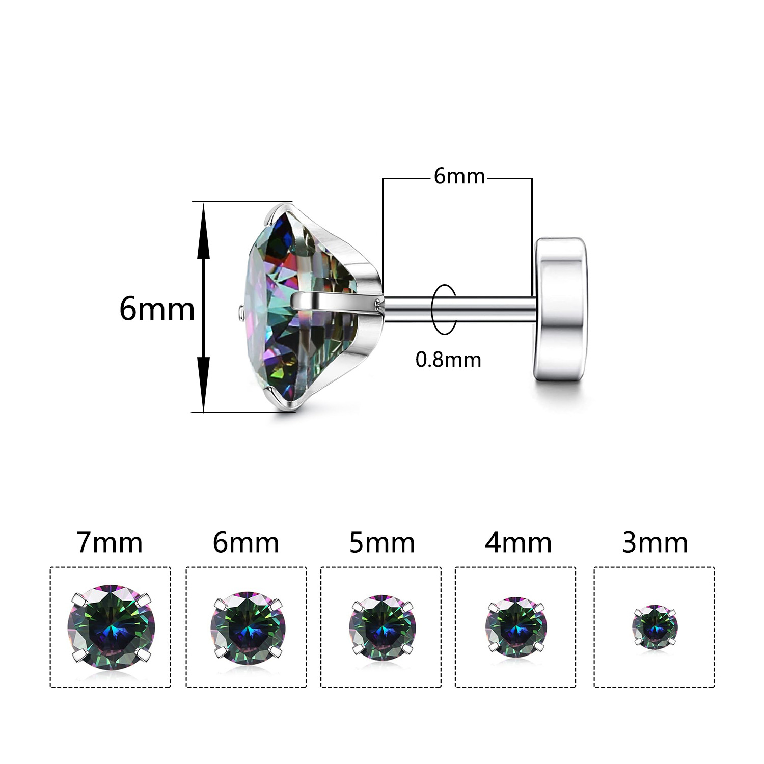 Cross-border titanium steel flat-bottom zircon ear studs, round ear bone studs, cochlear studs, zircon ear studs with external threads, versatile and high-end Item Picture