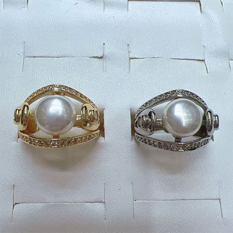 Korean high-end pearl ring, light luxury and niche design, geometric diamond-encrusted round bead, cold style open ring for women