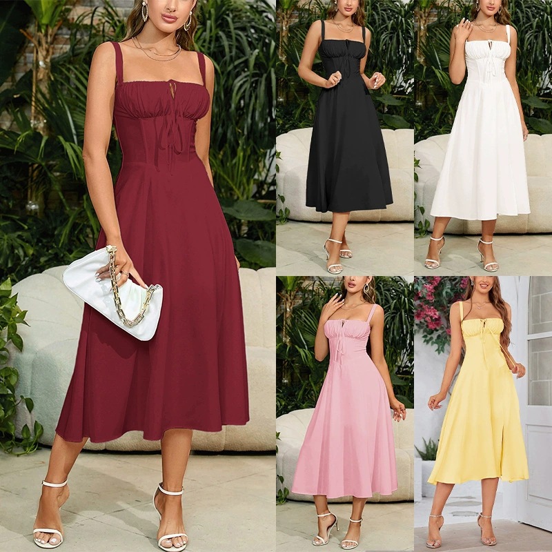 The new best-selling slimming waist fishbone set, slit, drawstring, lace-up and halter dress on Amazon in summer 2026 full figure