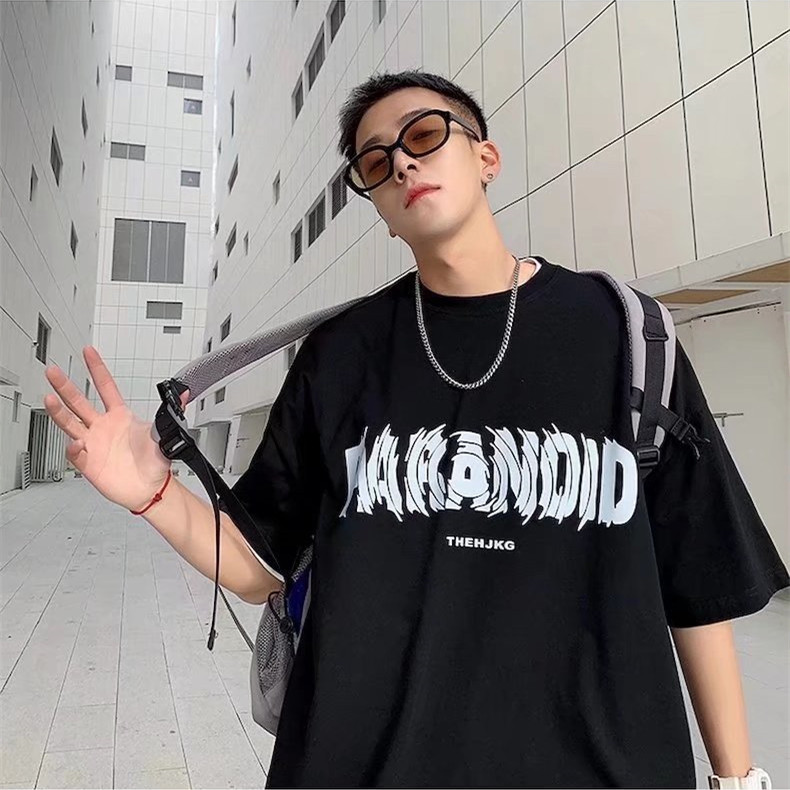 Pure cotton short-sleeved T-shirt for men, loose Hong Kong trend brand round-neck top, new letter-printed half-sleeved T-shirt details Picture