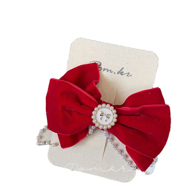 New Korean-style red bow hair clip, tassel, children's fabric, side fringed bangs clip, sweet handcrafted clip, red bow hair clip, ball pearl crown, sequined style, festive and delicate decorative hair accessory for girls Item Picture