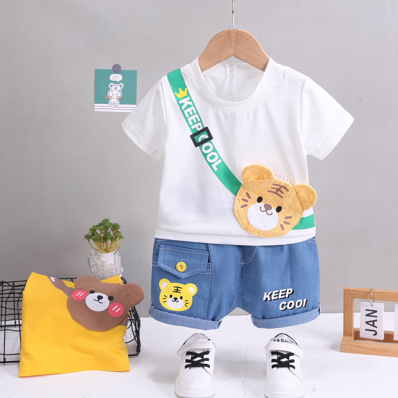 Summer Korean-style children's clothing, children's short sleeves and shorts set, stylish baby summer clothing, children's shoulder bag, T-shirt, cartoon set 5 details Picture