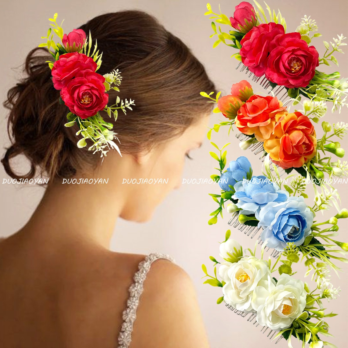 European and American rose hair combs, colorful and realistic rose headwear, bride's wedding hair accessories, party and ball flower headwear details Picture