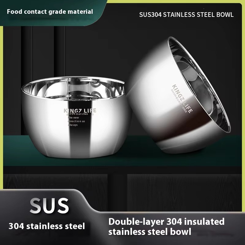 304 thickened stainless steel double-layer soup bowl, heat-resistant, dishwasher washable, environmentally friendly household kitchenware details Picture