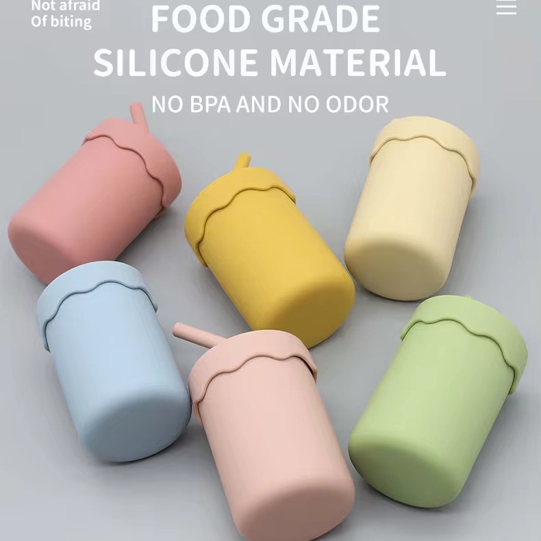 跨境吸管杯弯管杯子宝宝硅胶水杯婴幼儿学饮杯食品级耐摔喝水杯