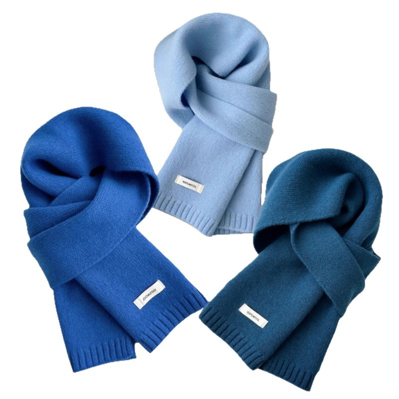 Blue high-end 100% wool scarf for women's winter solid color knitted versatile Korean-style student scarf for warmth Item Picture