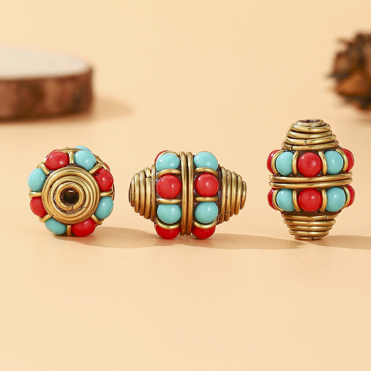 2024 New style Tibetan Nepalese beads, retro hand-inlaid red and blue beads, barrel beads, DIY jewelry accessories, brass round Application Scenario