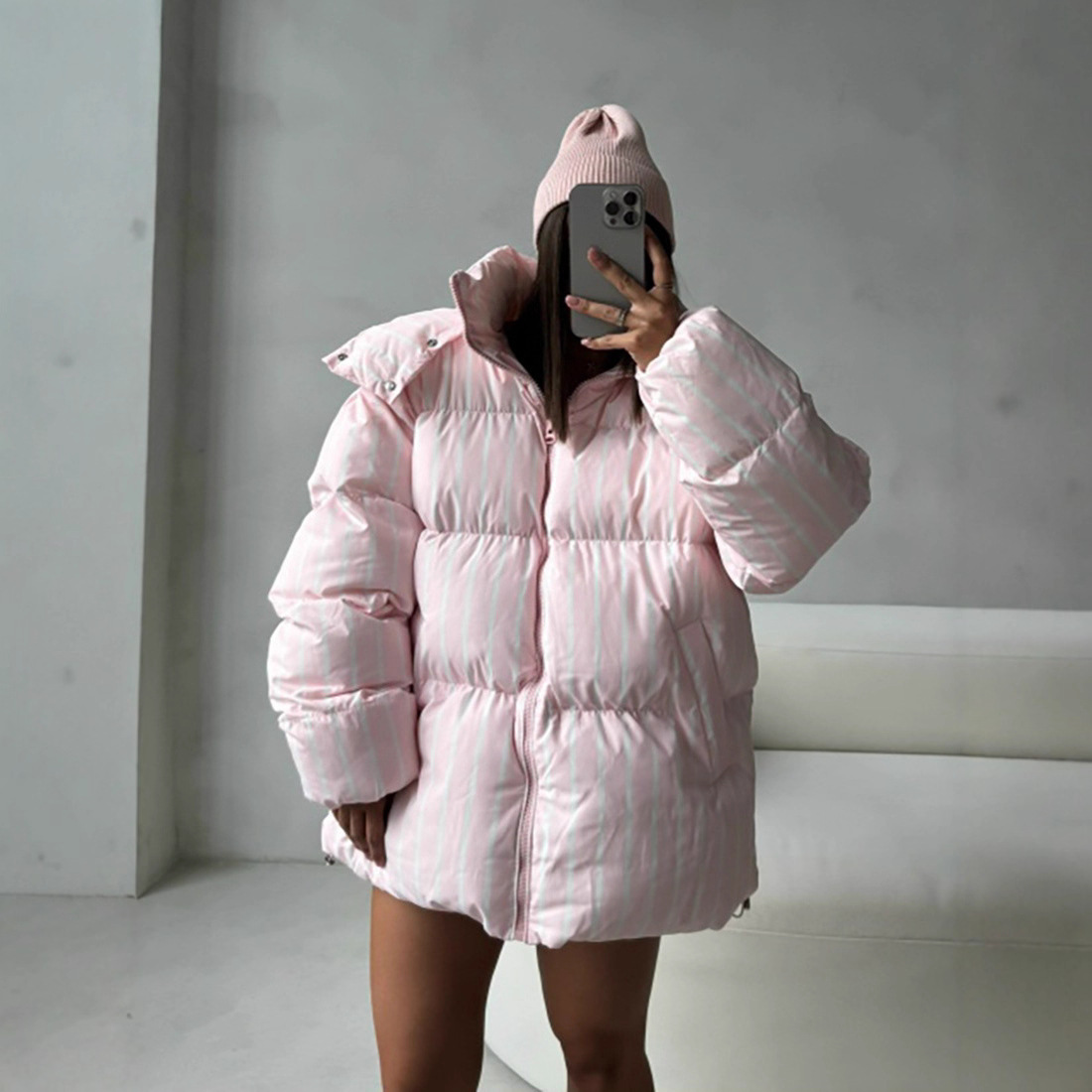 Cross-border Korean-style striped cotton-padded jacket for women, mid-length hooded loose, warm and fashionable ins style cotton-padded jacket for winter 2025 Specification image