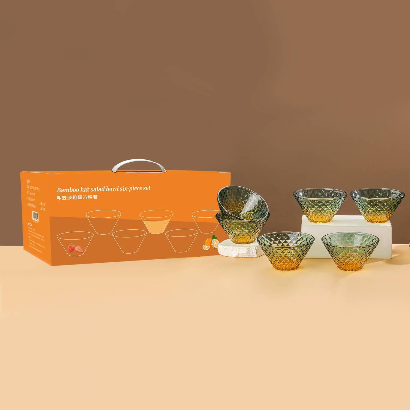High appearance level bamboo hat glass bowl six-piece set, home salad bowl set, event opening gift, casual gift, promotional gift Specification image