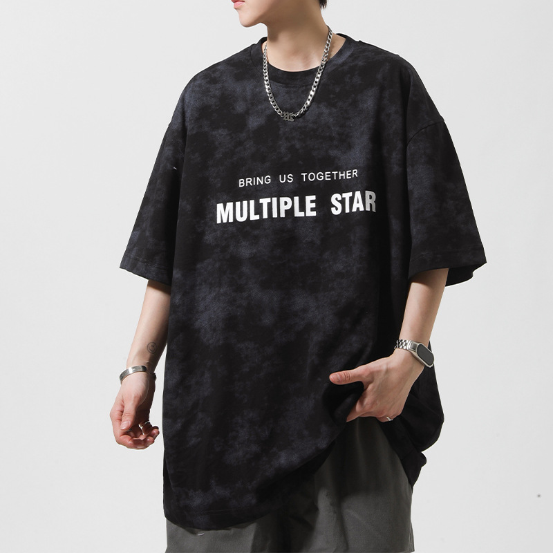 Short-sleeved T-shirt for men, a summer American retro washed distressed design, a niche top with a thin tie-dyed base layer Specification image