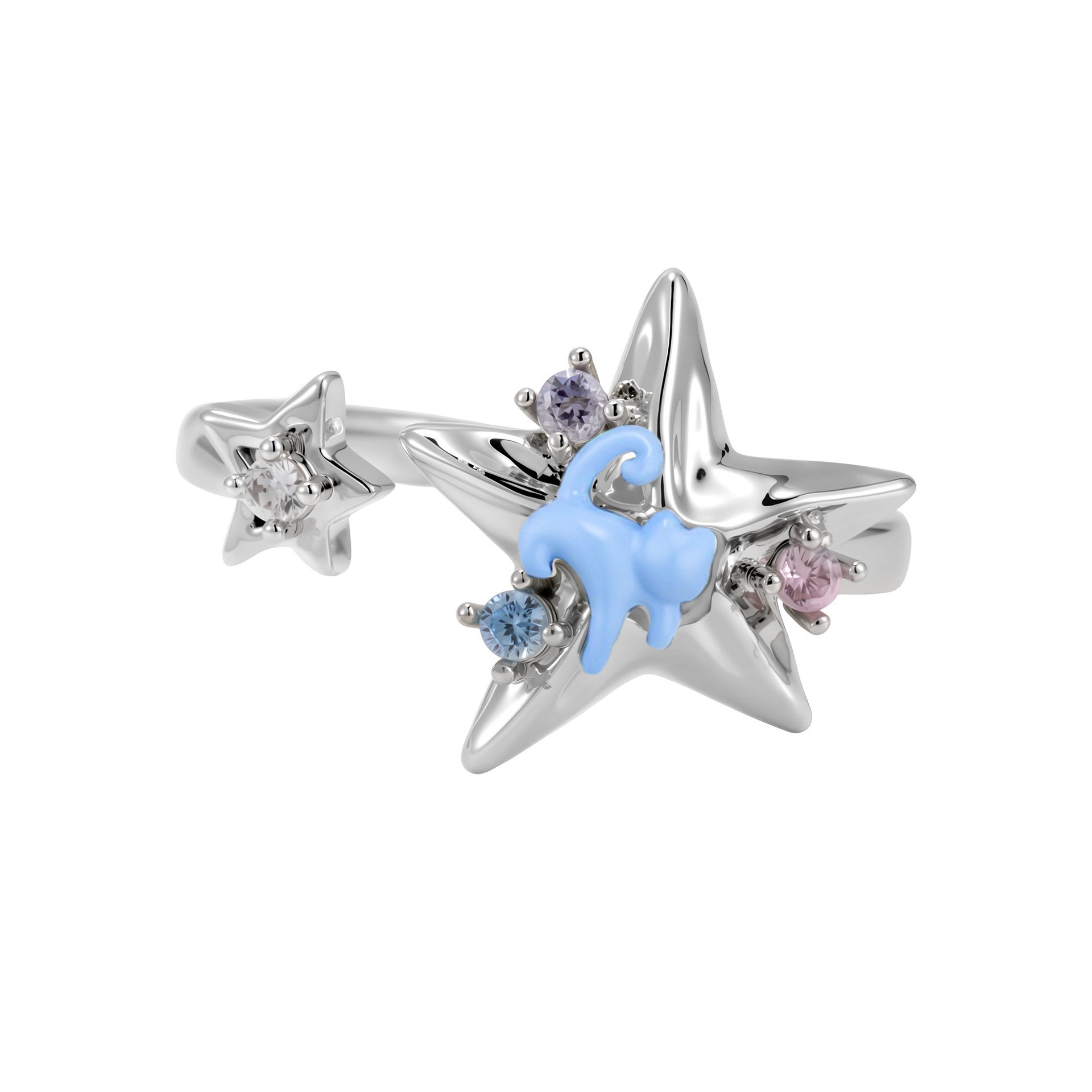 Starlight Blue Cat Ring, women's fashion, simple, sweet and cool style, exquisite, individual, niche design sense, open index finger ring wholesale Item Picture