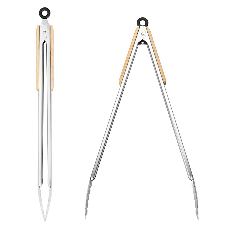 Stainless steel food tongs, high-temperature resistant wooden handles, anti-scald steak tongs, food tongs, BBQ barbecue tongs, roast meat tongs, baking tongs Item Picture